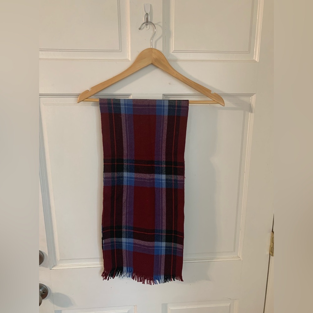 Vintage Saks & Co 100% Wool Burgundy Plaid Scarf-Made in England